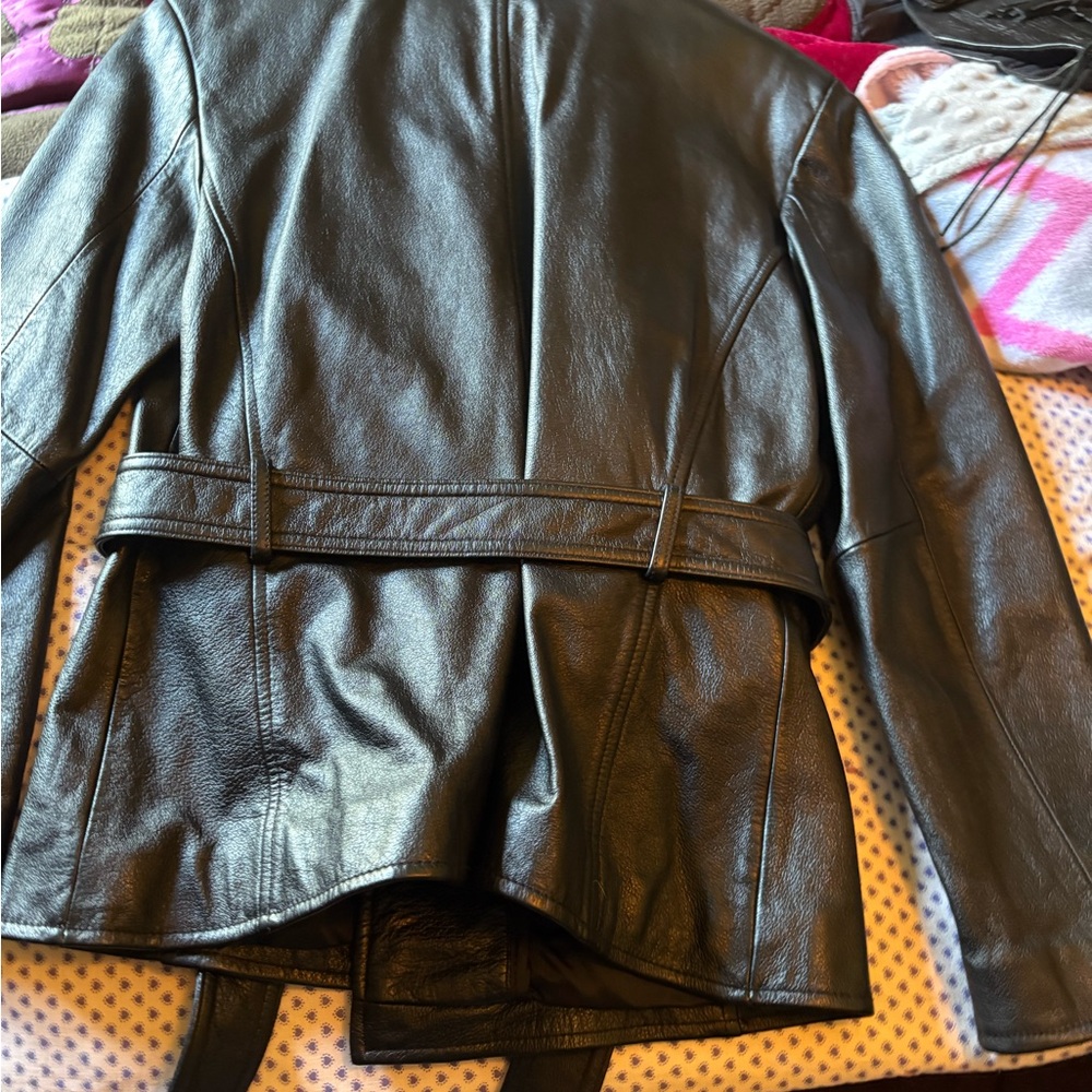 Classic Black Leather Jacket with Belt Detail